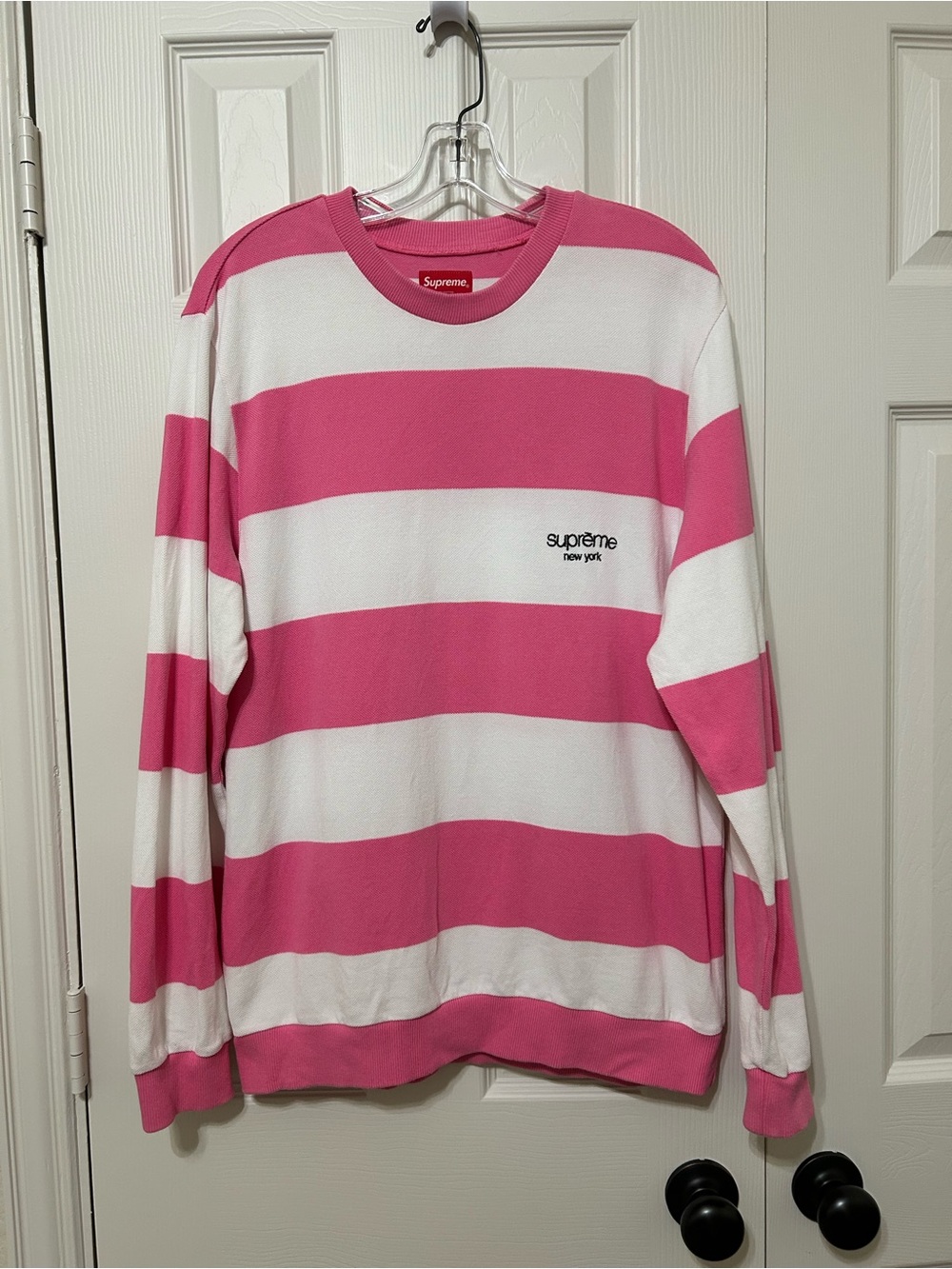 Supreme 2015 Classic Logo Striped Pique Long Sleeved T shirt size M pink & white